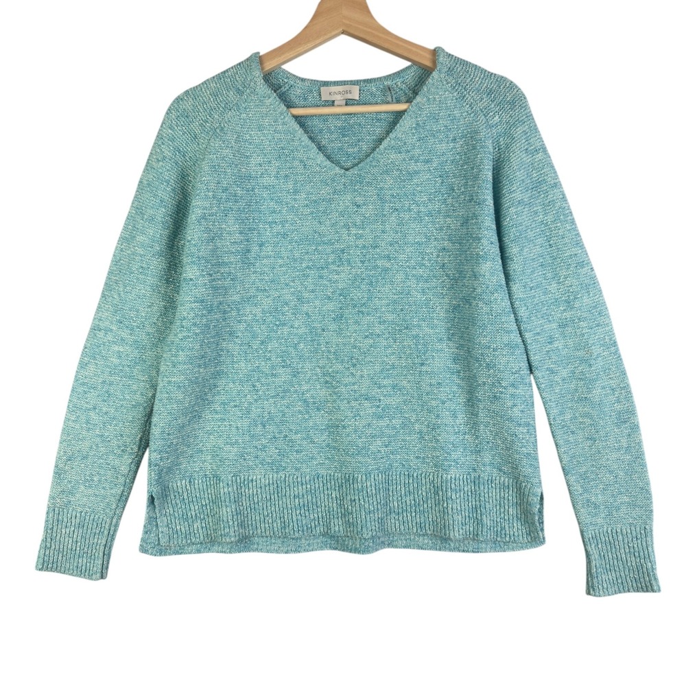 Kinross Women's Size XS Blue Speckled V-Neck Cotton Knit‎ Sweater Relaxed Fit